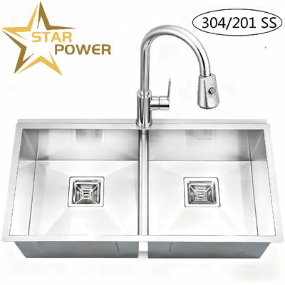 ποιότητας  STAR POWER Brushed 304 Stainless Steel Handmade Kitchen Sink with Double-Bowl Design and Pull-Out Faucet εργοστάσιο