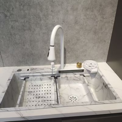 Λευκός πολυλειτουργικός νεροχύτης κουζίνας διπλού μπολ από ανοξείδωτο χάλυβα