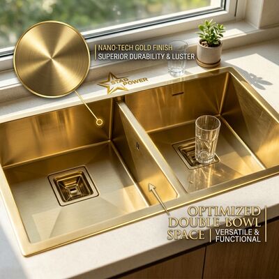 Καλή τιμή Gold-Toned Food-Grade 304 Stainless Steel Main Auxiliary Bowl Kitchen Sink Flush-Mount 900mm 250mm Deep Basin σε απευθείας σύνδεση