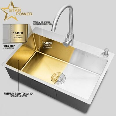 Καλή τιμή Flush Mount / Inset Kitchen Sink SUS304 Stainless Steel Main & Auxiliary Bowl Kitchen Sink Gold-Toned Flush-Mount 700mm 10-Inch Extra-Deep Basin | Custom Basin Depth Available | Custom Steel Gauge Available σε απευθείας σύνδεση