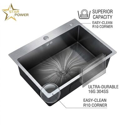 Καλή τιμή 16 Gauge 304 Stainless Steel Deep Single Bowl Kitchen Sink Drop-in 33x22 Inch 10 Inch Basin Brushed Finish σε απευθείας σύνδεση